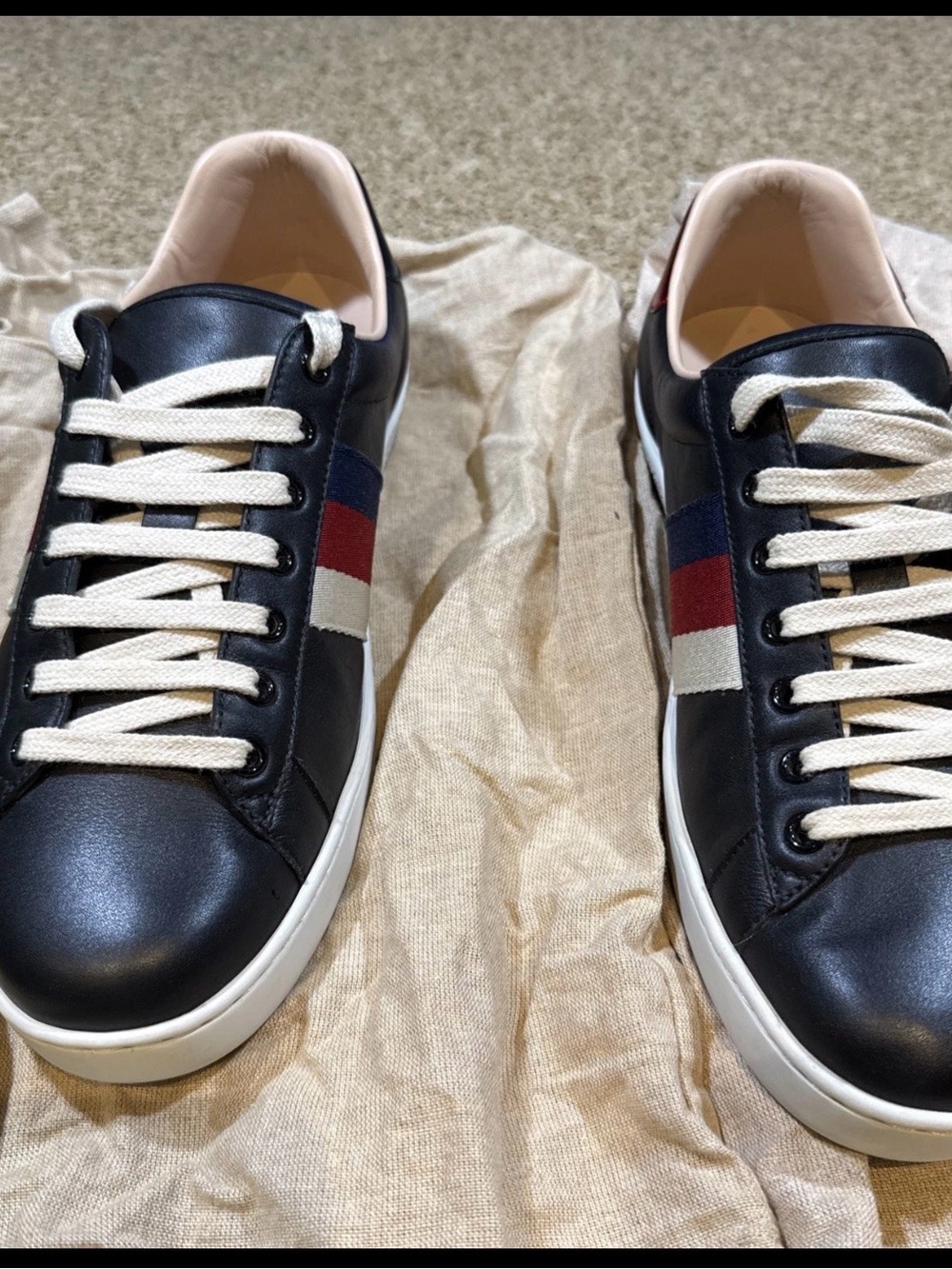 Gucci Black Blind For Love Leather Low-Top Sneakers with Red & Blue Web Stripe
